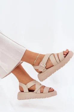 New Skórzane Sandały Damskie Na Platformie Z Klamrą Beżowe Selianae Damskie Sandały Na Koturnie|Sandały Płaskie
