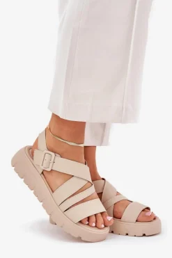 New Skórzane Sandały Damskie Na Platformie Z Klamrą Beżowe Selianae Damskie Sandały Na Koturnie|Sandały Płaskie