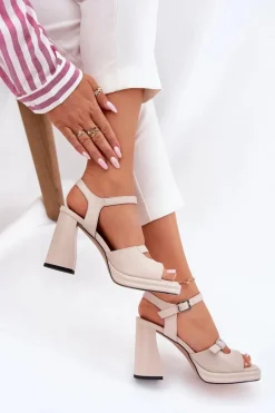 Online Skórzane Sandały Damskie Na Słupku Vinceza 77110 Beżowe Damskie Sandały Na Słupku|Sandały Na Obcasie