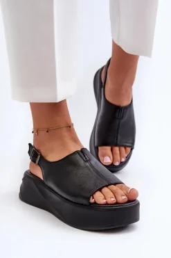 Skórzane Sandały Damskie Na Platformie D&A SJ2301-2 Czarne Damskie Sandały Płaskie