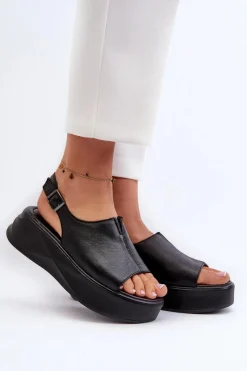 Skórzane Sandały Damskie Na Platformie D&A SJ2301-2 Czarne Damskie Sandały Płaskie
