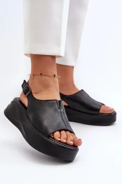 Skórzane Sandały Damskie Na Platformie D&A SJ2301-2 Czarne Damskie Sandały Płaskie