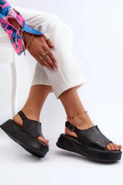 Skórzane Sandały Damskie Na Platformie D&A SJ2301-2 Czarne Damskie Sandały Płaskie