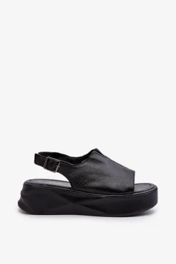 Skórzane Sandały Damskie Na Platformie D&A SJ2301-2 Czarne Damskie Sandały Płaskie