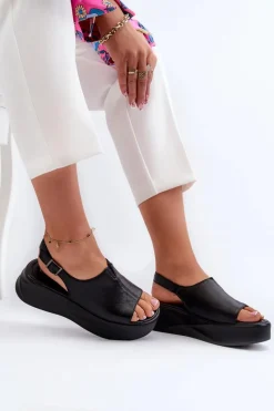 Skórzane Sandały Damskie Na Platformie D&A SJ2301-2 Czarne Damskie Sandały Płaskie