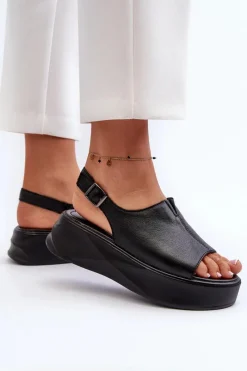 Skórzane Sandały Damskie Na Platformie D&A SJ2301-2 Czarne Damskie Sandały Płaskie