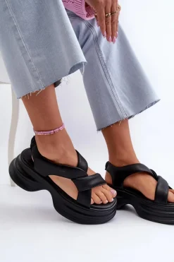 GOE Skórzane Sandały Damskie Na Masywnej Podeszwie Czarne NN2N4106 Czarny