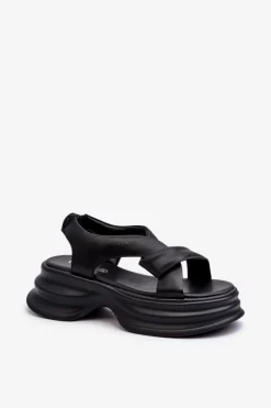 GOE Skórzane Sandały Damskie Na Masywnej Podeszwie Czarne NN2N4106 Czarny