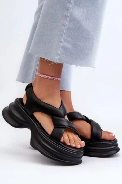 GOE Skórzane Sandały Damskie Na Masywnej Podeszwie Czarne NN2N4106 Czarny