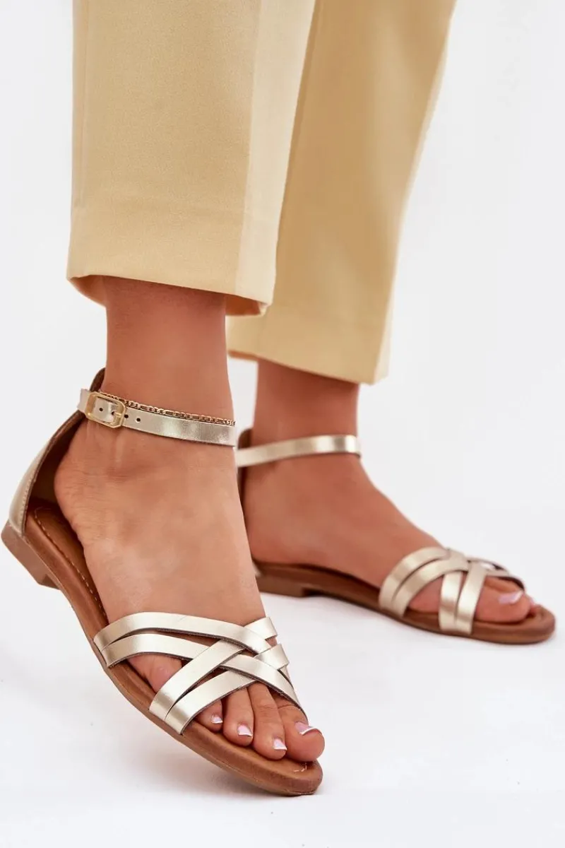 Sandały Płaskie>Maciejka Skórzane Sandały Damskie Na Płaskim Obcasie 07029-25 Złote Złoty