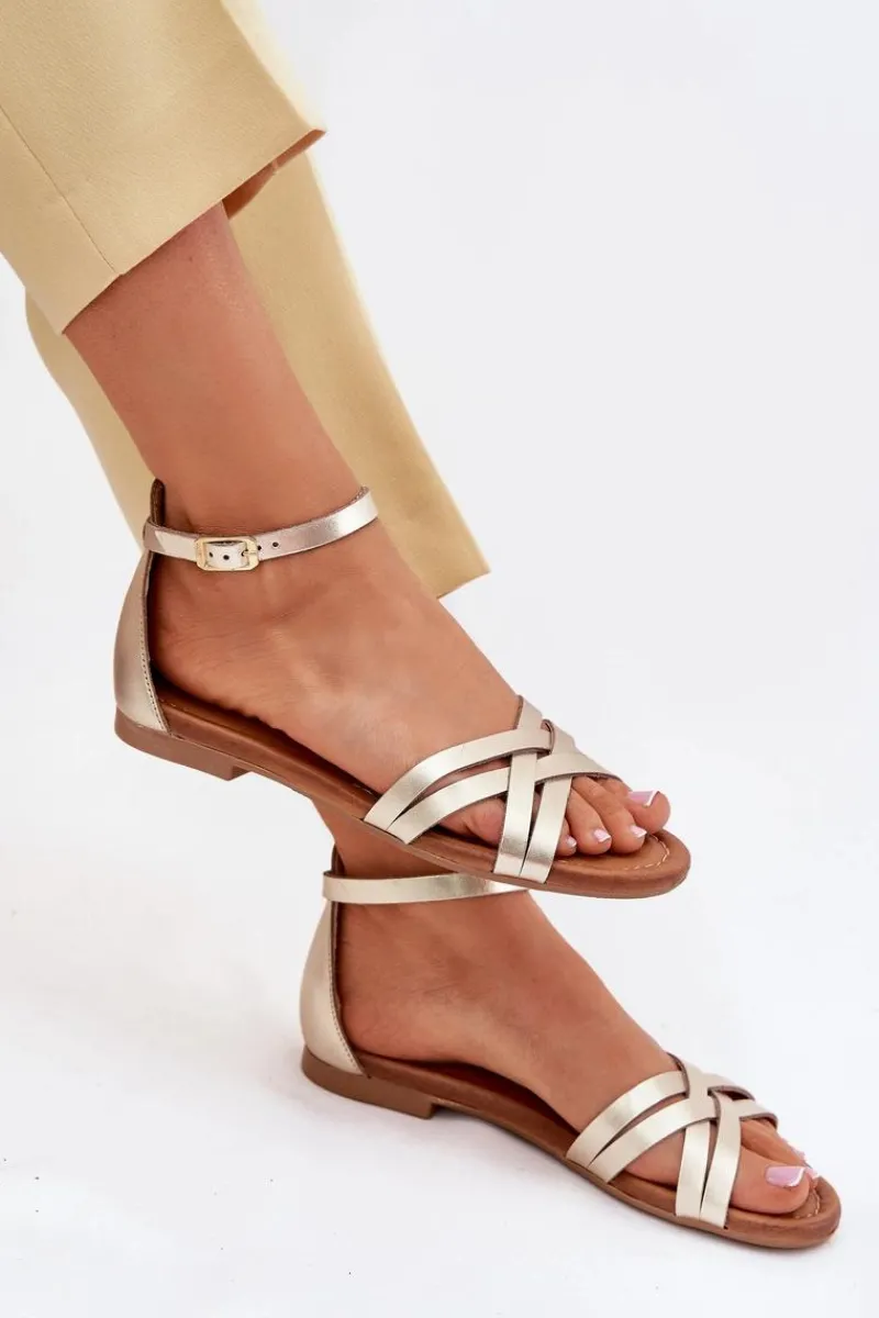 Sandały Płaskie>Maciejka Skórzane Sandały Damskie Na Płaskim Obcasie 07029-25 Złote Złoty