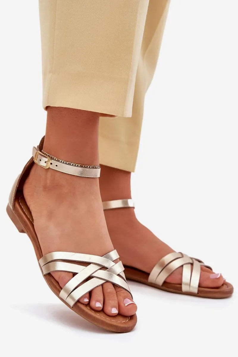 Sandały Płaskie>Maciejka Skórzane Sandały Damskie Na Płaskim Obcasie 07029-25 Złote Złoty