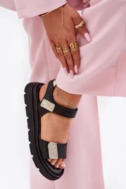 Sandały Płaskie>Zazoo Skórzane Sandały Damskie Na Platformie 40443 Czarne Czarny