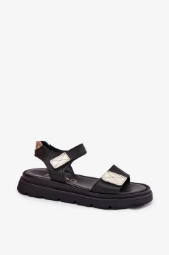 Sandały Płaskie></noscript>Zazoo Skórzane Sandały Damskie Na Platformie 40443 Czarne Czarny