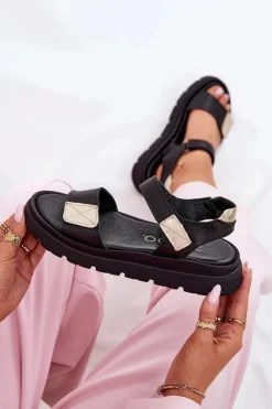 Sandały Płaskie></noscript>Zazoo Skórzane Sandały Damskie Na Platformie 40443 Czarne Czarny