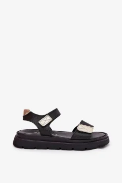 Sandały Płaskie></noscript>Zazoo Skórzane Sandały Damskie Na Platformie 40443 Czarne Czarny