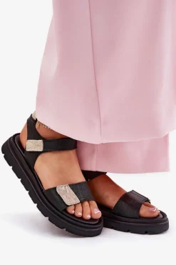 Sandały Płaskie></noscript>Zazoo Skórzane Sandały Damskie Na Platformie 40443 Czarne Czarny