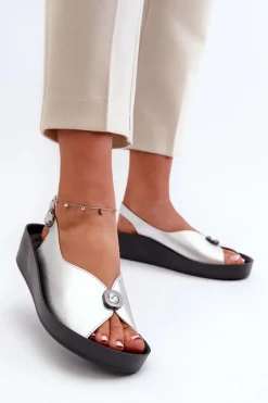 Sale Damskie buty S.Barski Skórzane Sandały Damskie Na Koturnie I Platformie S.Barski KV27-020 Srebrne