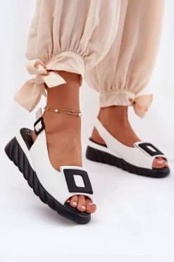 Skórzane Sandały Damskie Na Koturnie z Ozdobą 56C2157 Białe Damskie Sandały Z Cholewką|Sandały Na Koturnie
