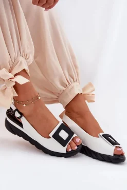 Skórzane Sandały Damskie Na Koturnie z Ozdobą 56C2157 Białe Damskie Sandały Z Cholewką|Sandały Na Koturnie