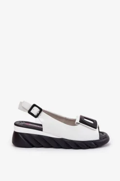 Skórzane Sandały Damskie Na Koturnie z Ozdobą 56C2157 Białe Damskie Sandały Z Cholewką|Sandały Na Koturnie