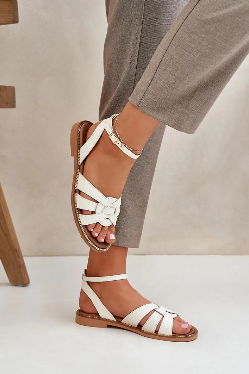 Sandały Płaskie>Boto Skórzane Sandały Damskie Na Płaskim Obcasie Zazoo 3688 Ecru Biały