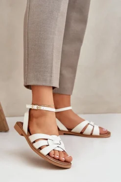 Sandały Płaskie>Boto Skórzane Sandały Damskie Na Płaskim Obcasie Zazoo 3688 Ecru Biały