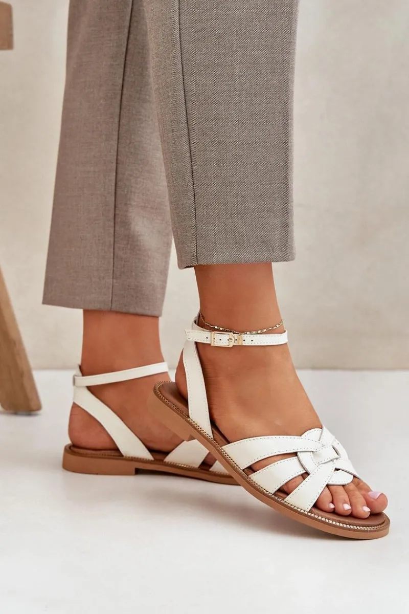 Sandały Płaskie>Boto Skórzane Sandały Damskie Na Płaskim Obcasie Zazoo 3688 Ecru Biały