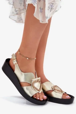 Outlet Damskie buty S.Barski Skórzane Sandały Damskie Na Koturnie S.Barski KV51-031 Złote Złoty