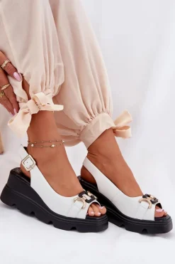 New Skórzane Sandały Damskie Na Koturnie I Platformie Z Ozdobą 56C1588 Białe Damskie Sandały Z Cholewką|Sandały Na Koturnie