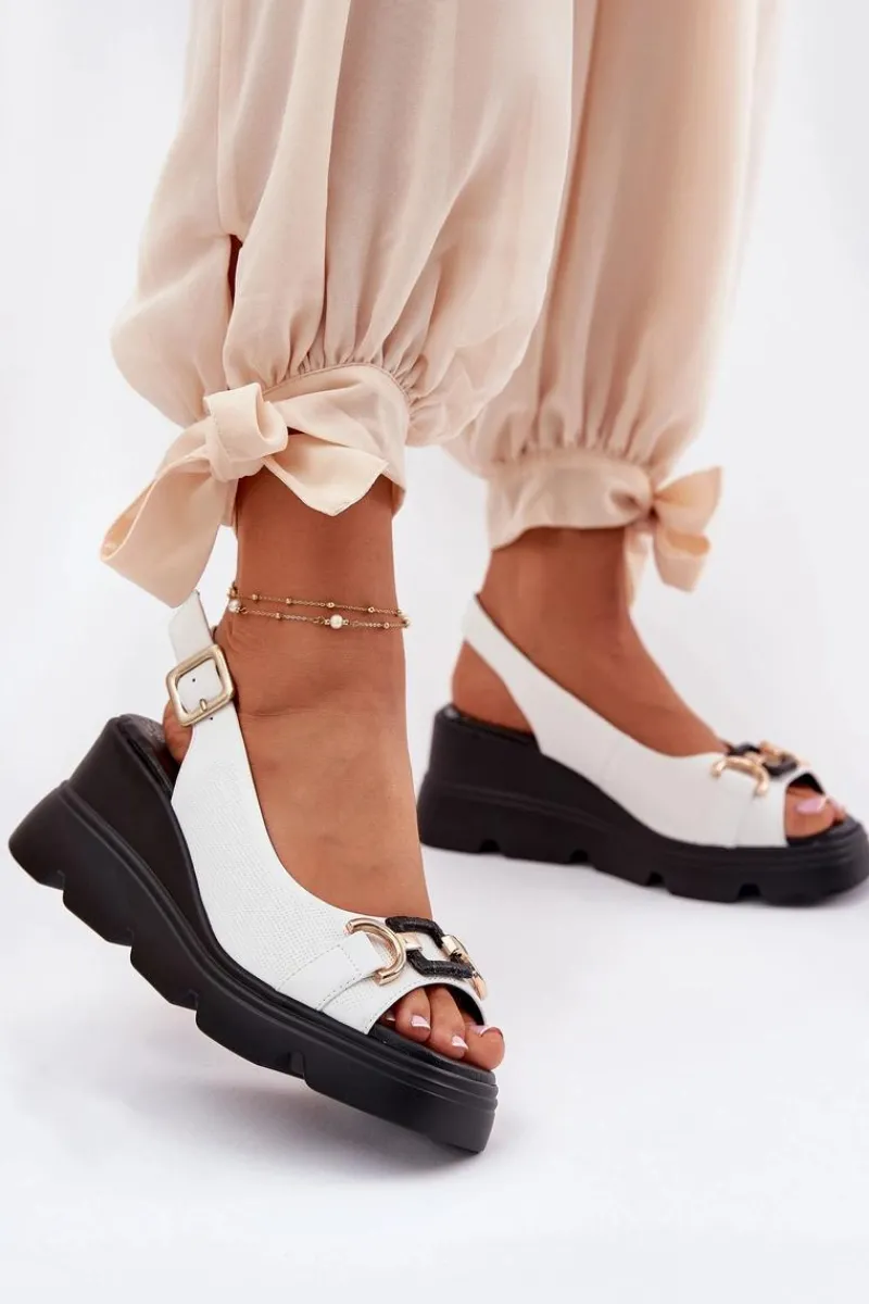 New Skórzane Sandały Damskie Na Koturnie I Platformie Z Ozdobą 56C1588 Białe Damskie Sandały Z Cholewką|Sandały Na Koturnie