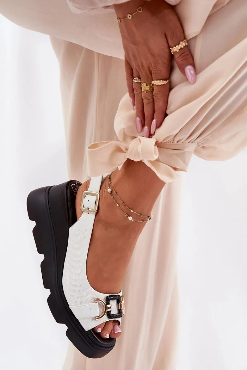 New Skórzane Sandały Damskie Na Koturnie I Platformie Z Ozdobą 56C1588 Białe Damskie Sandały Z Cholewką|Sandały Na Koturnie