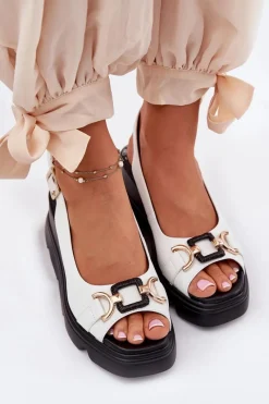 New Skórzane Sandały Damskie Na Koturnie I Platformie Z Ozdobą 56C1588 Białe Damskie Sandały Z Cholewką|Sandały Na Koturnie