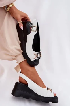 New Skórzane Sandały Damskie Na Koturnie I Platformie Z Ozdobą 56C1588 Białe Damskie Sandały Z Cholewką|Sandały Na Koturnie