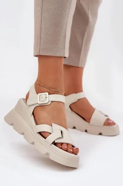 Best Boto Skórzane Sandały Damskie Na Koturnie Artiker 54C1624 Beżowe