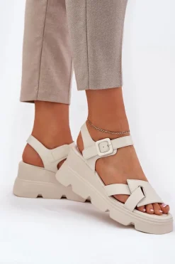 Best Boto Skórzane Sandały Damskie Na Koturnie Artiker 54C1624 Beżowe