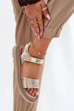 Clearance Skórzane Sandały Damskie Na Platformie 40443 Złote Damskie Sandały Płaskie