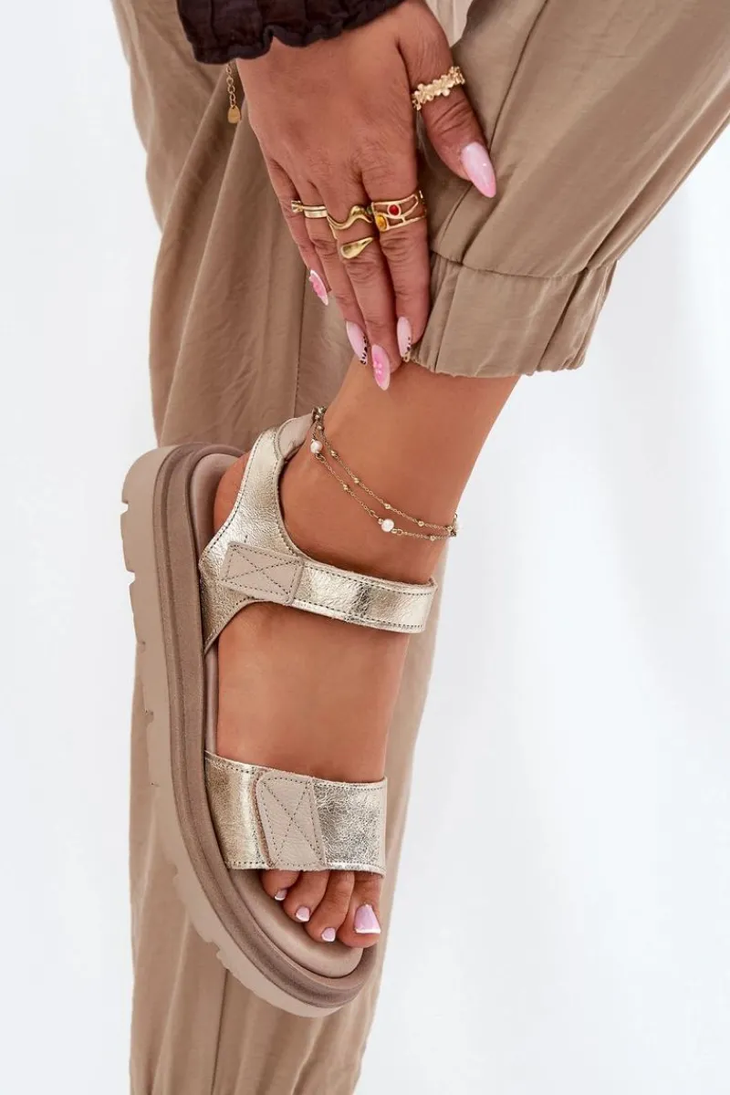 Clearance Skórzane Sandały Damskie Na Platformie 40443 Złote Damskie Sandały Płaskie