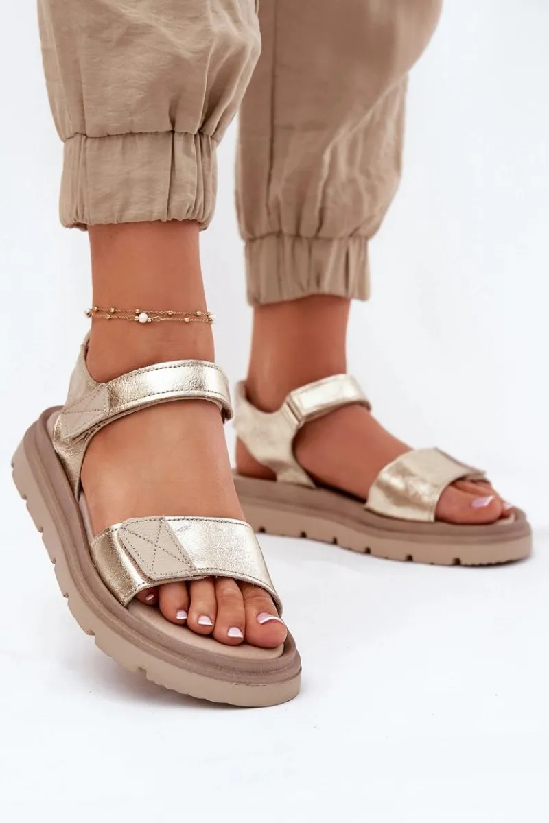 Clearance Skórzane Sandały Damskie Na Platformie 40443 Złote Damskie Sandały Płaskie