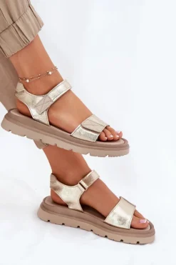 Clearance Skórzane Sandały Damskie Na Platformie 40443 Złote Damskie Sandały Płaskie