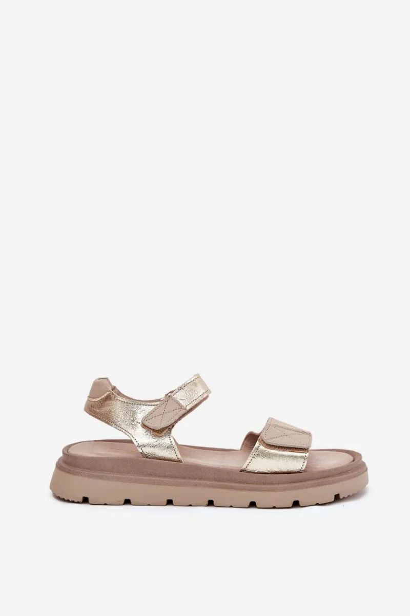 Clearance Skórzane Sandały Damskie Na Platformie 40443 Złote Damskie Sandały Płaskie