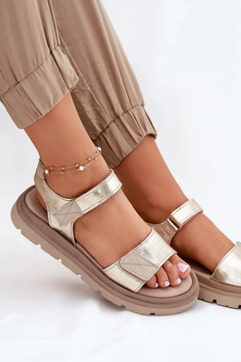 Clearance Skórzane Sandały Damskie Na Platformie 40443 Złote Damskie Sandały Płaskie