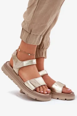 Clearance Skórzane Sandały Damskie Na Platformie 40443 Złote Damskie Sandały Płaskie