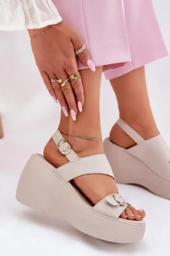 Online Damskie buty S.Barski Skórzane Sandały Damskie Na Koturnie I Platformie S.Barski LR51-540 Beżowe Beżowy