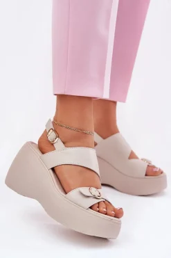 Online Damskie buty S.Barski Skórzane Sandały Damskie Na Koturnie I Platformie S.Barski LR51-540 Beżowe Beżowy