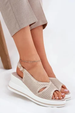 Discount Damskie buty S.Barski Skórzane Sandały Damskie Na Koturnie S.Barski LR51-660 Złote Złoty