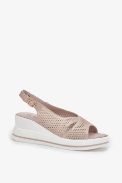 Discount Damskie buty S.Barski Skórzane Sandały Damskie Na Koturnie S.Barski LR51-660 Złote Złoty