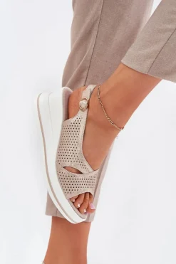 Discount Damskie buty S.Barski Skórzane Sandały Damskie Na Koturnie S.Barski LR51-660 Złote Złoty