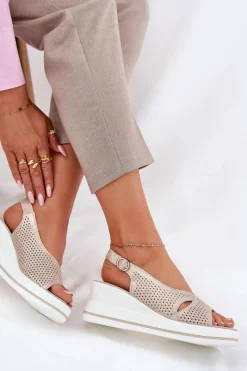 Discount Damskie buty S.Barski Skórzane Sandały Damskie Na Koturnie S.Barski LR51-660 Złote Złoty