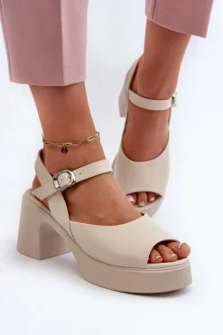 Sandały Na Obcasie>Buty damskie Vinceza Skórzane Sandały Damskie Na Obcasie Vinceza 66627 Beżowe